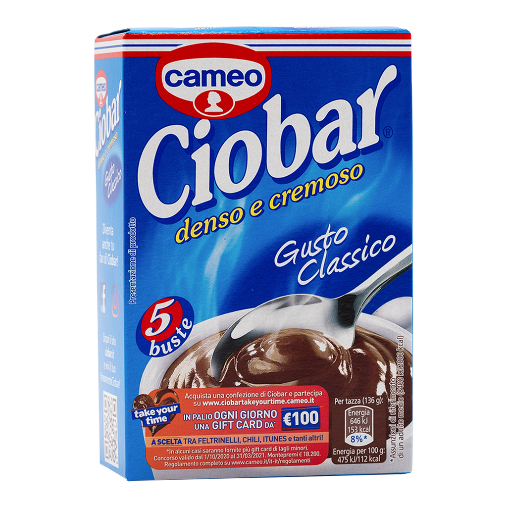 Confezione Ciobar Classico con 5 bustine monodose da 25 g, per preparare 5 tazze di bevanda al gusto cioccolato.