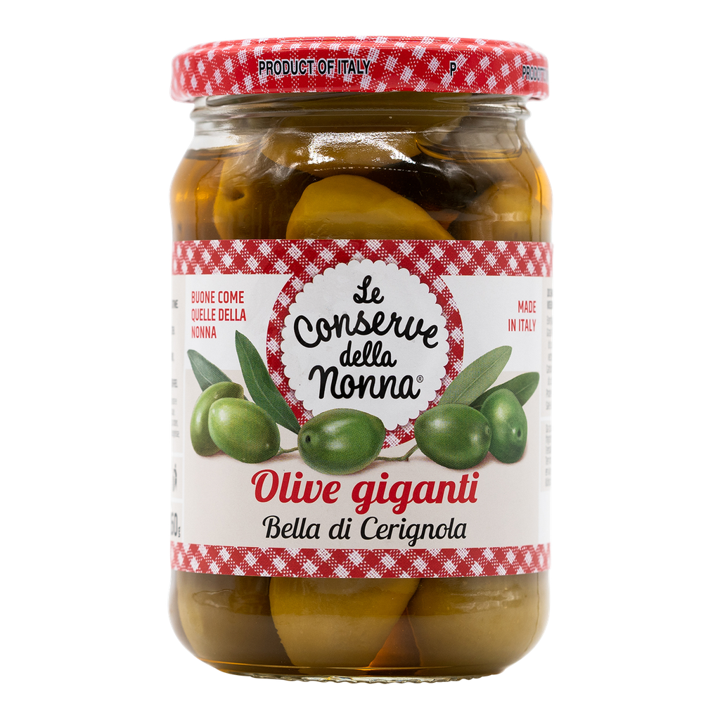 Riesige grüne Bella-di-Cerignola-Tafeloliven, 290 g, 160 g Abtropfgewicht