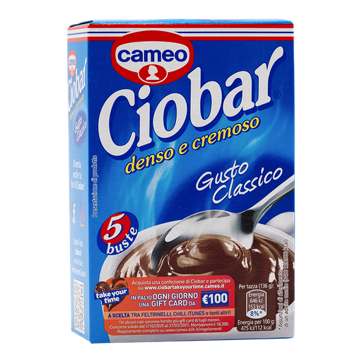 Confezione Ciobar Classico con 5 bustine monodose da 25 g, per preparare 5 tazze di bevanda al gusto cioccolato.