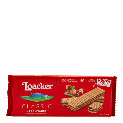 Confezione di wafer Loacker Napolitaner con crema alla nocciola, 175 g. Preparati con nocciole di origine italiana.