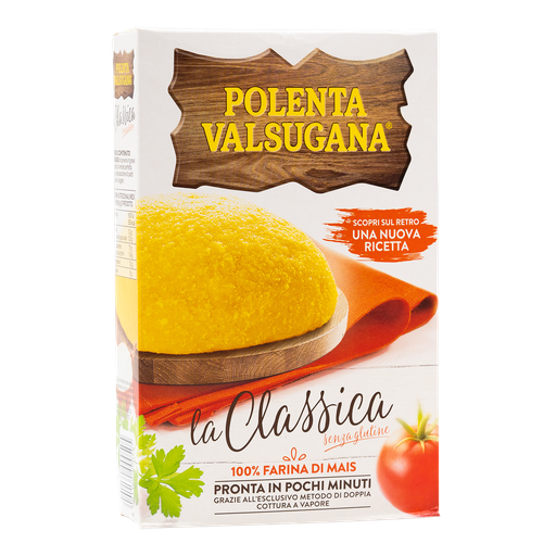 Confezione di Polenta Valsugana Classica con farina di mais precotta a vapore. Mais 100% italiano, senza glutine. Pronta in circa 8 minuti.