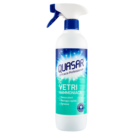 Flacone spray Quasar Vetri con Ammoniaca, detergente per vetri, specchi e superfici dure, 580 ml
