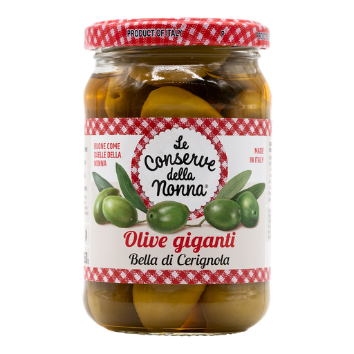 Riesige grüne Bella-di-Cerignola-Tafeloliven, 290 g, 160 g Abtropfgewicht